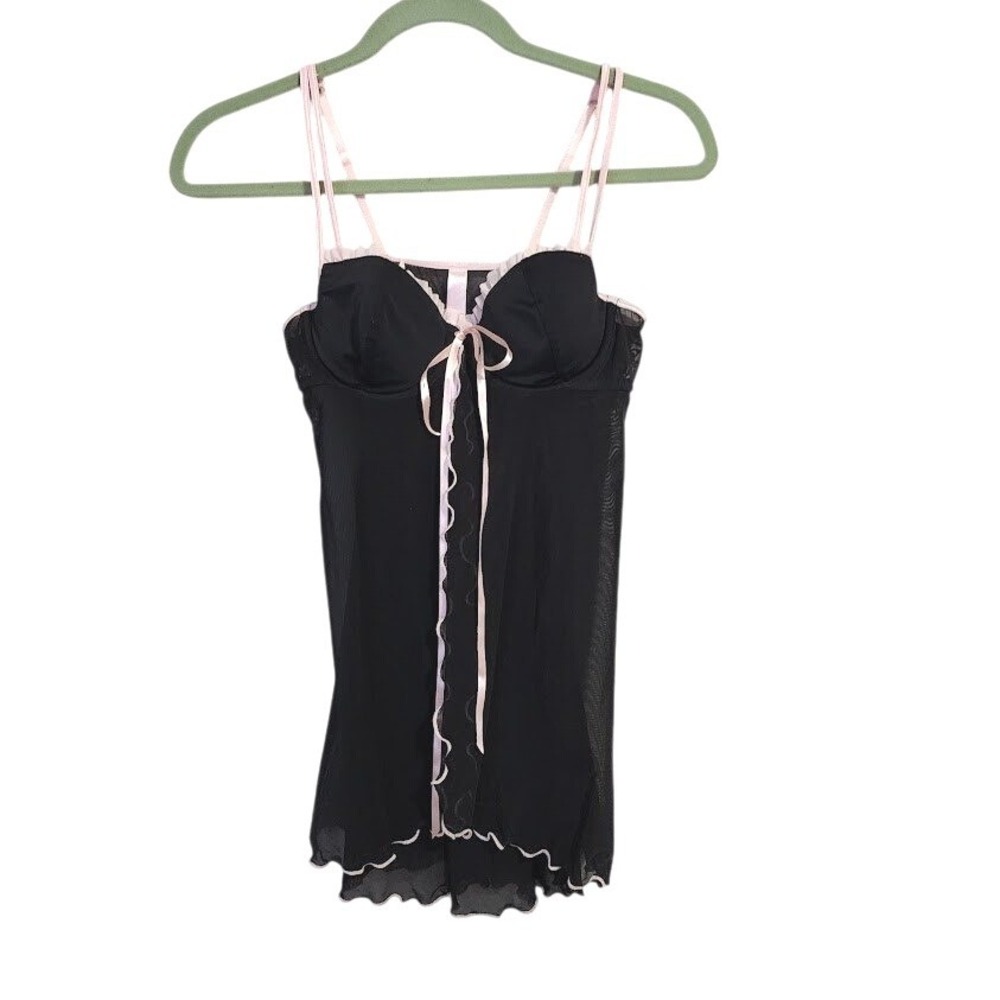 VICTORIA'S SECRET Y2K Black Mesh Babydoll Pink Bow Lettuce Hem Cami Top S